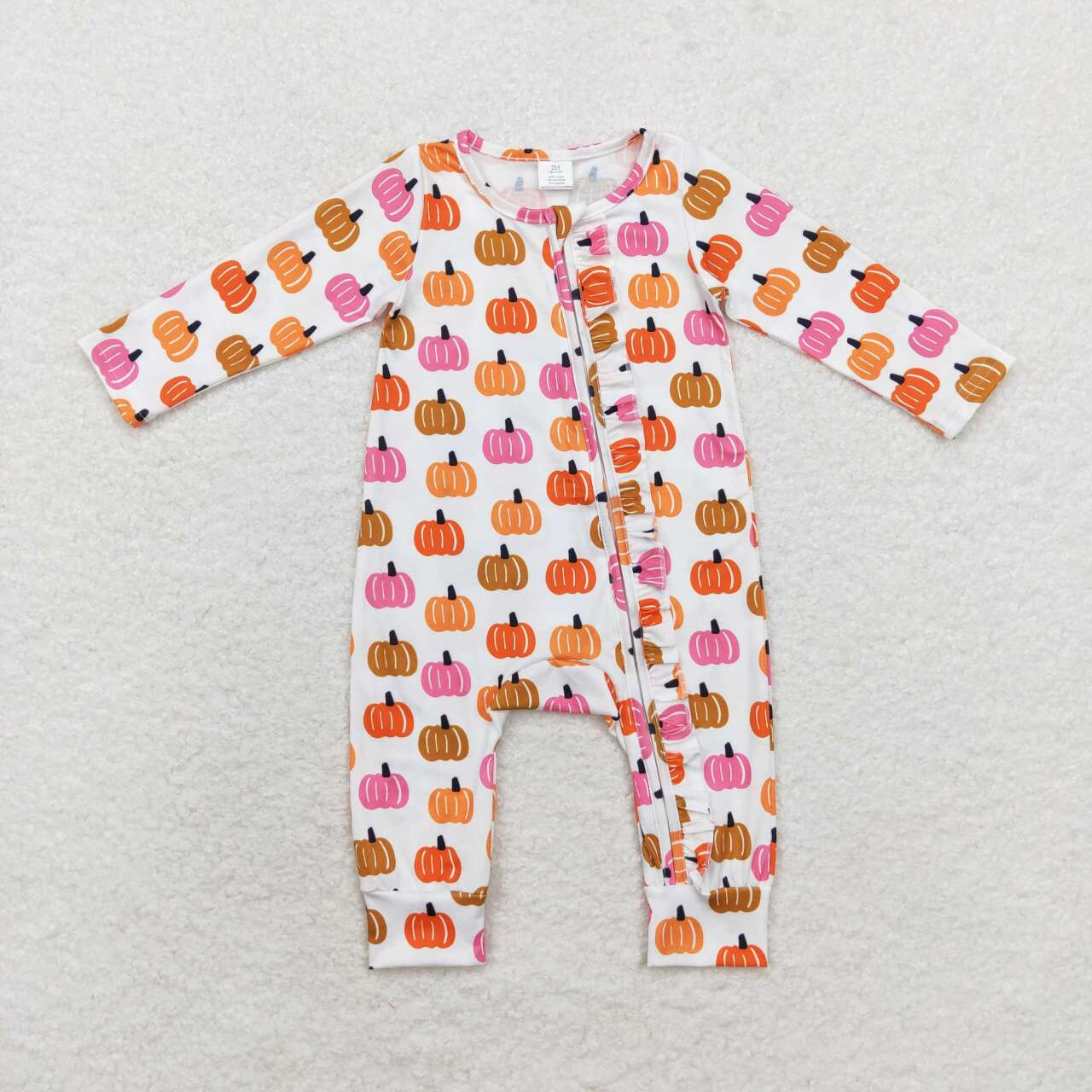 LR1219 Pink Pumpkin Print Baby Girls Fall Zipper Sleeper Romper