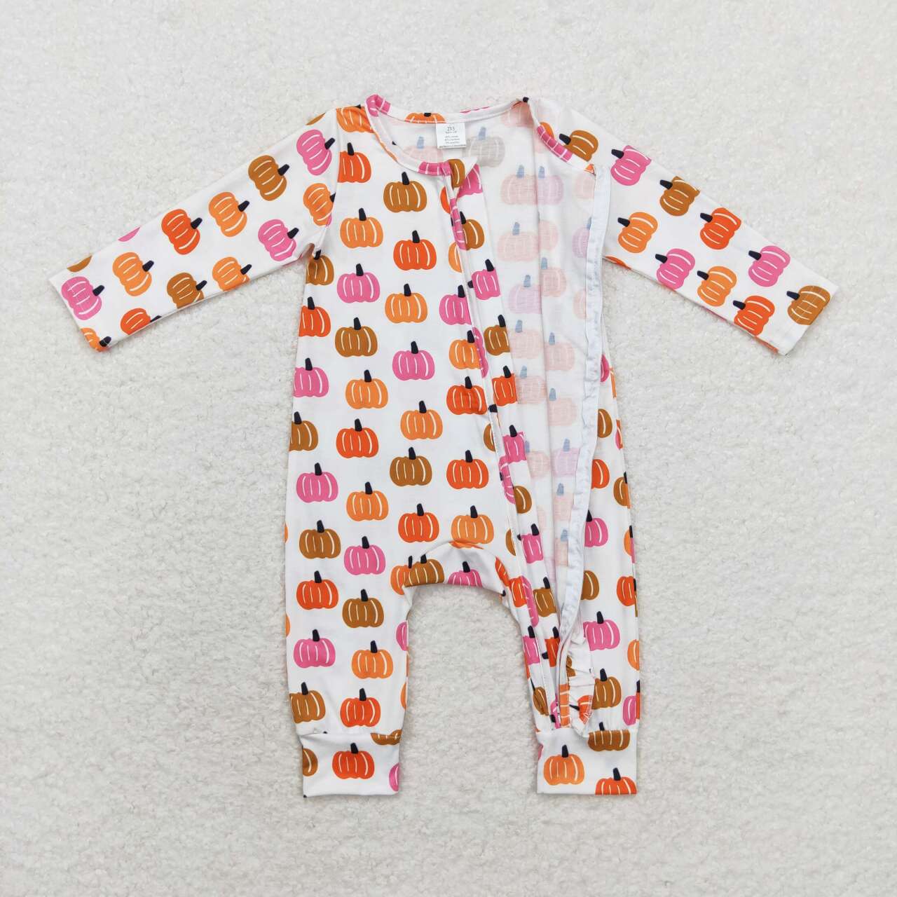 LR1219 Pink Pumpkin Print Baby Girls Fall Zipper Sleeper Romper