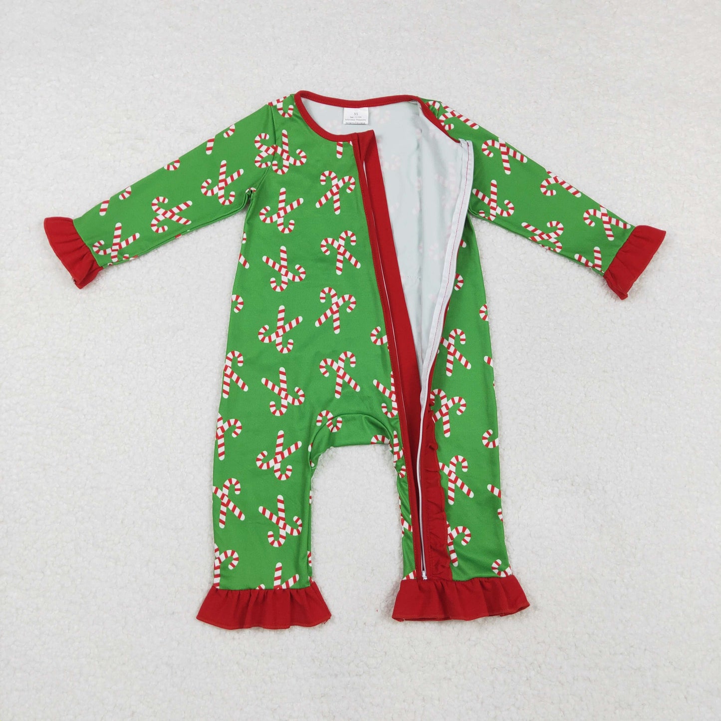 LR1236 Candy Cane Green Print Baby Girls Christmas Zipper Sleeper Romper