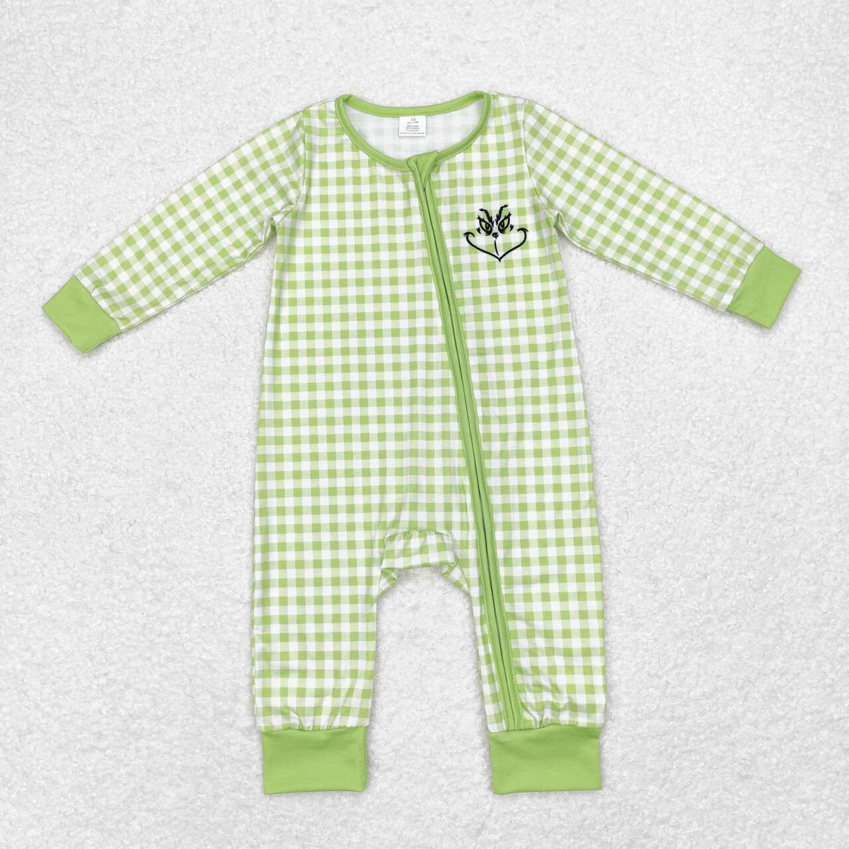 LR1251 Green Frog Smiling Checkered Print Baby Boys Christmas Bamboo Zipper Sleeper Romper