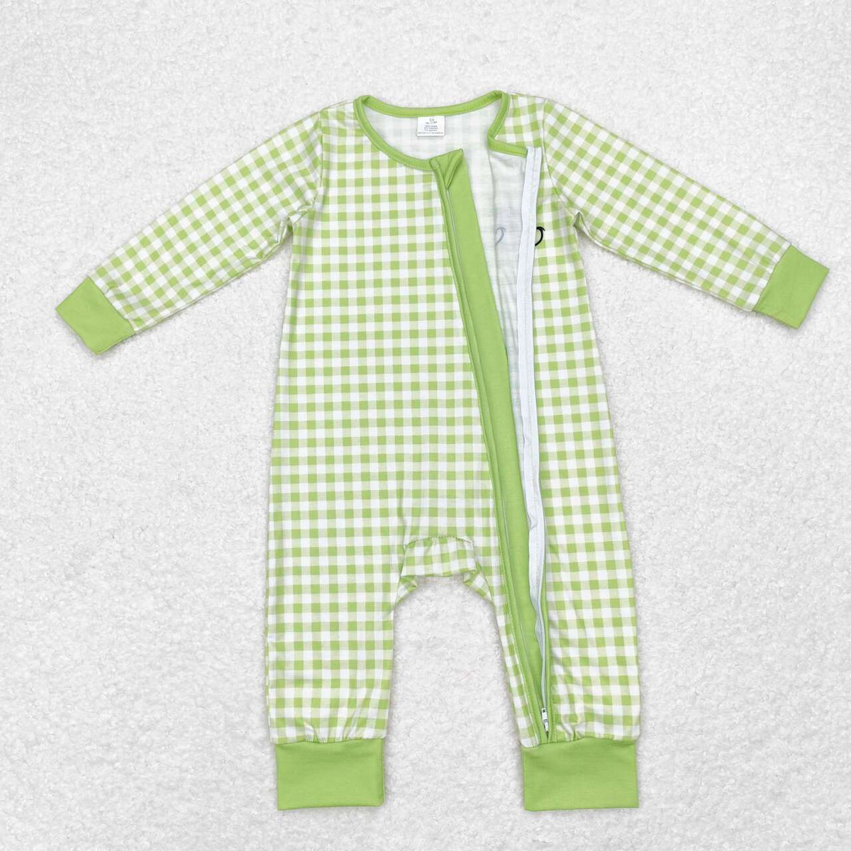 LR1251 Green Frog Smiling Checkered Print Baby Boys Christmas Bamboo Zipper Sleeper Romper