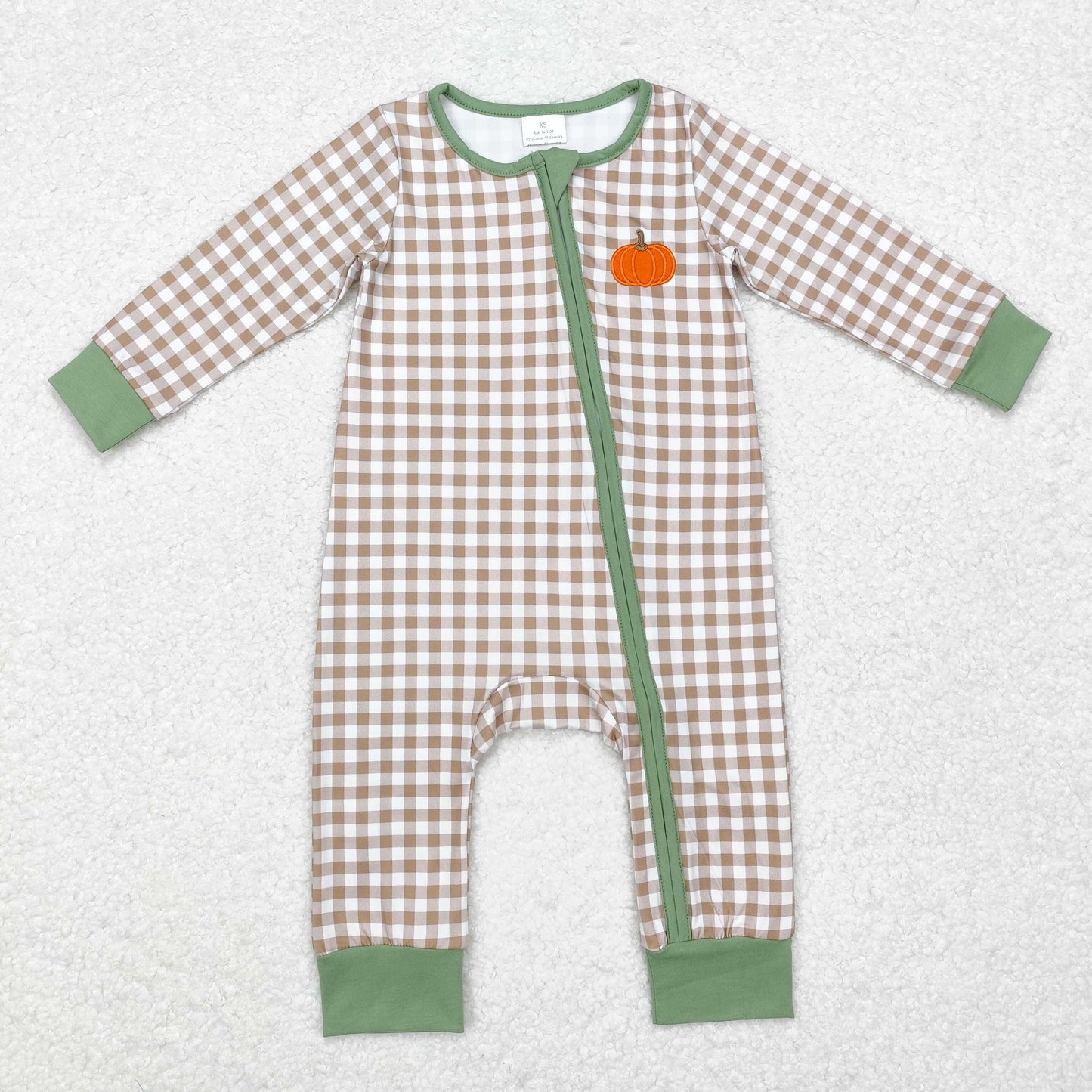 LR1254  Pumpkin Embroidery Green Checkered Print Baby Fall Zipper Sleeper Romper