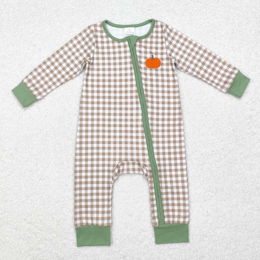 LR1254  Pumpkin Embroidery Green Checkered Print Baby Fall Zipper Sleeper Romper