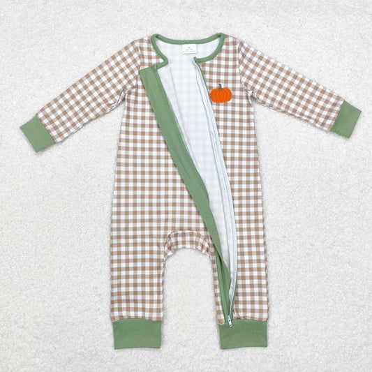 LR1254  Pumpkin Embroidery Green Checkered Print Baby Fall Zipper Sleeper Romper