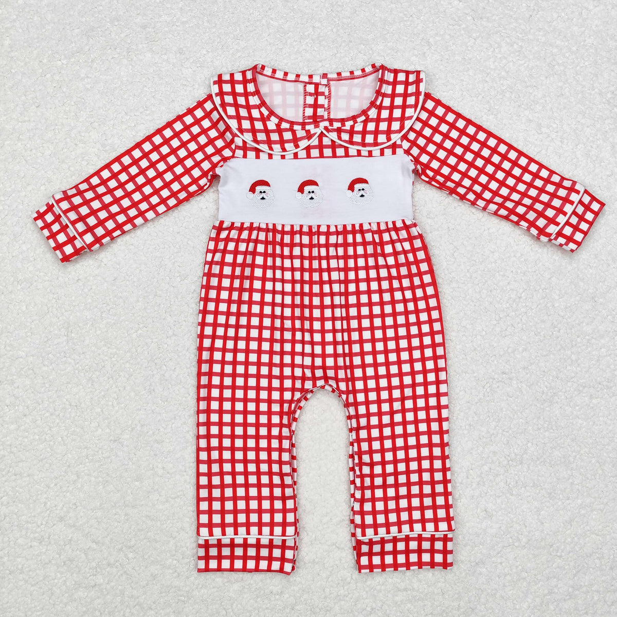 LR1263  Santa Embroidery Red Checkered Print Baby Girls Christmas Romper