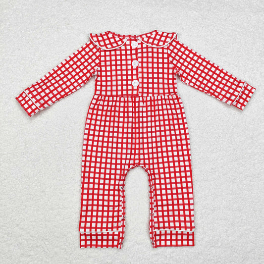 LR1263  Santa Embroidery Red Checkered Print Baby Girls Christmas Romper