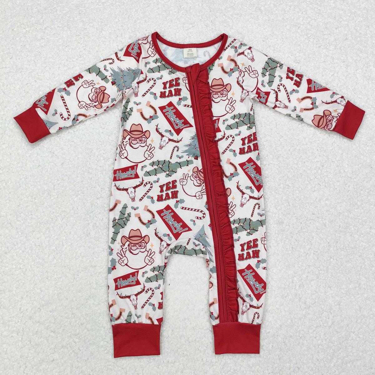 LR1277 Santa Holly Howdy Print Baby Girls Christmas Bamboo Zipper Sleeper Romper
