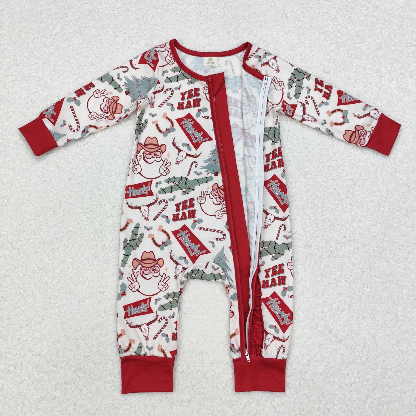 LR1277 Santa Holly Howdy Print Baby Girls Christmas Bamboo Zipper Sleeper Romper