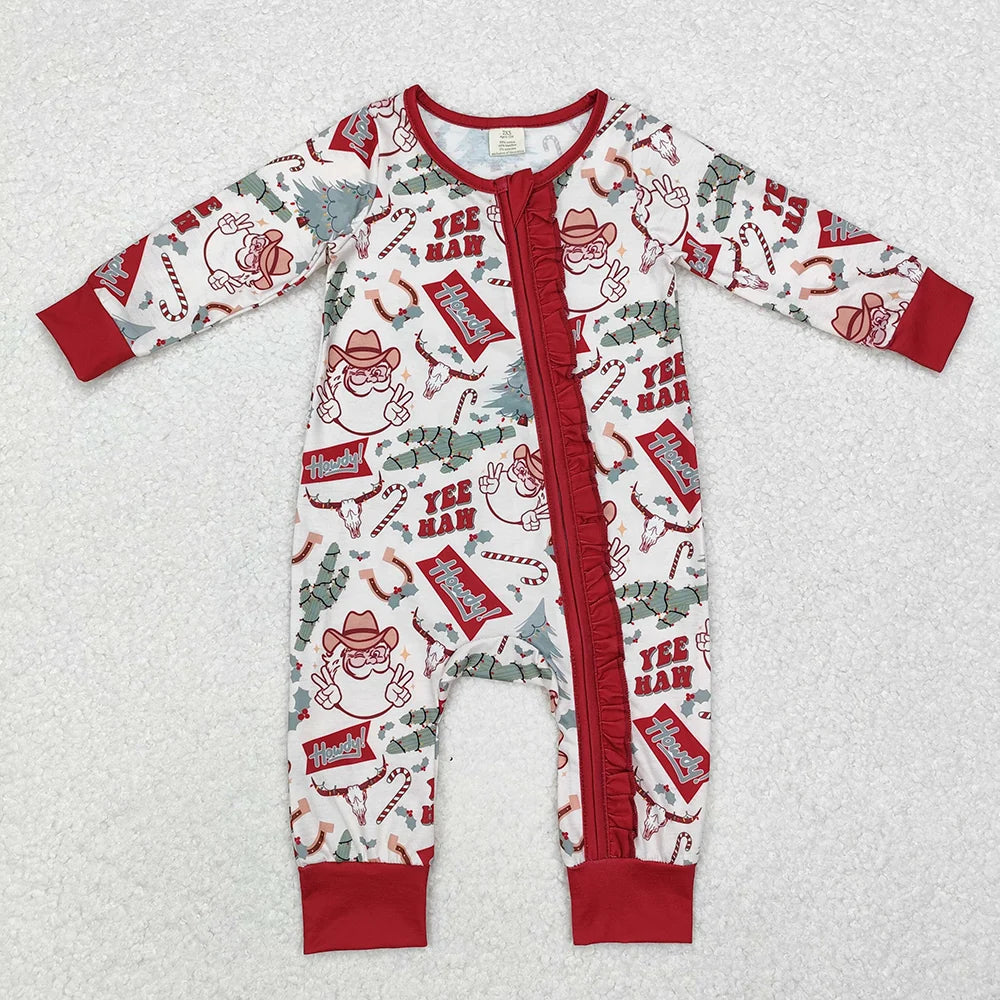 Sibling Boys Girls Christmas Western Santa Cactus Bamboo Rompers Pajamas