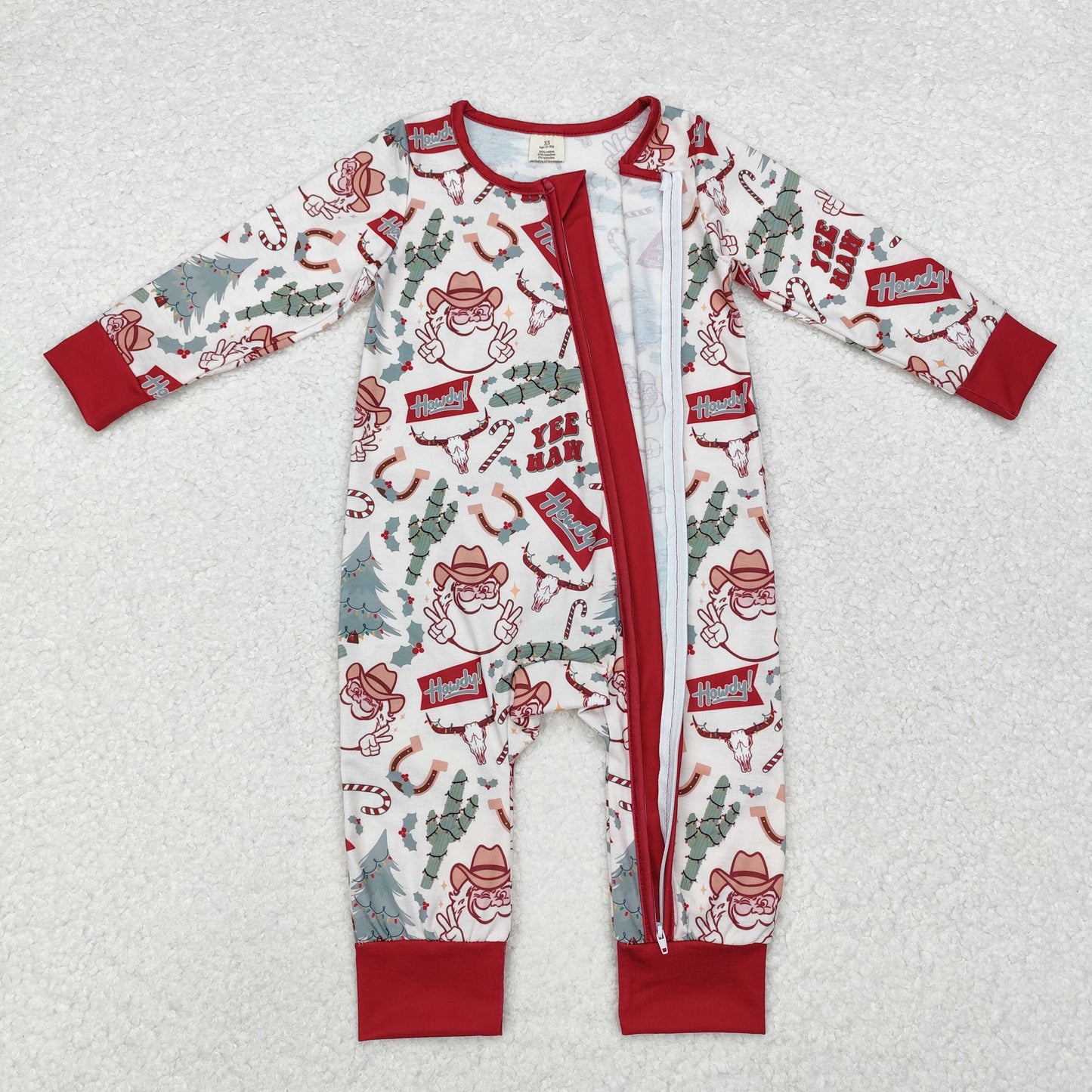 LR1278 Santa Holly Howdy Print Baby Boys Christmas Bamboo Zipper Sleeper Romper