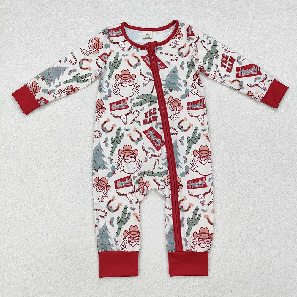 Sibling Boys Girls Christmas Western Santa Cactus Bamboo Rompers Pajamas
