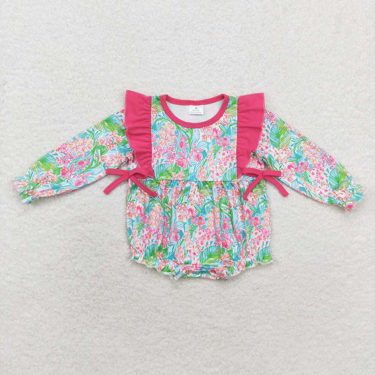 LR1295 Seaweed Print Baby Girls Long Sleeve Ruffle Romper
