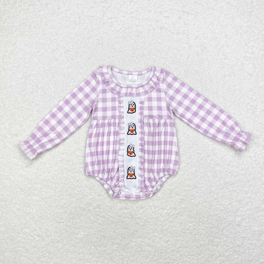 LR1299 Ghost Pumpkin Embroidery Purple Checkered Baby Girls Halloween Romper