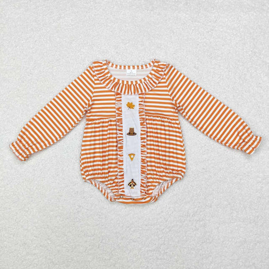 LR1300 Turkey Pie Embroidery Orange Stripes Baby Girls Thanksgiving Romper