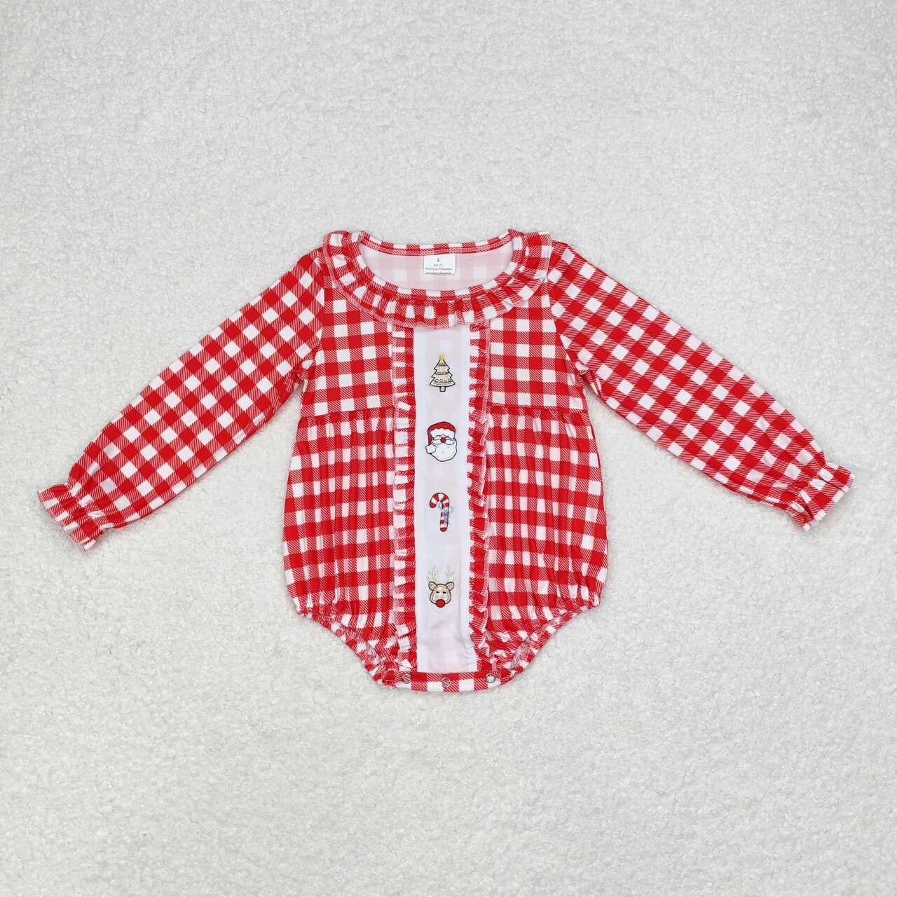 LR1302  Tree Santa Candy Cane Deer Embroidery Red Checkered Print Baby Girls Christmas Romper