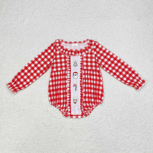 LR1302  Tree Santa Candy Cane Deer Embroidery Red Checkered Print Baby Girls Christmas Romper