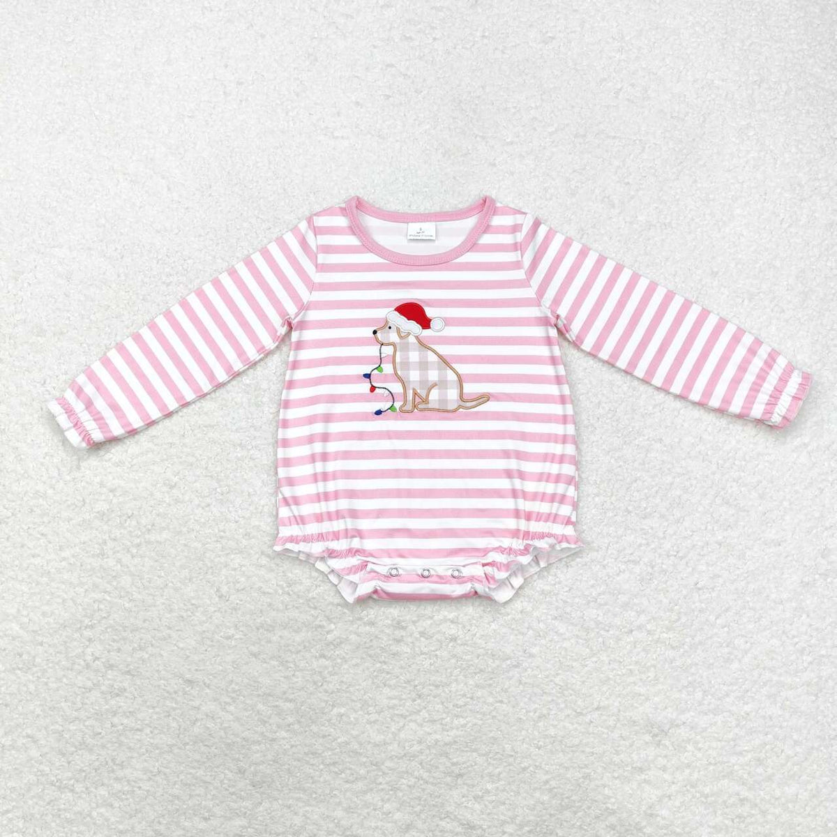 LR1306  Dog Embroidery Pink Stripes Print Baby Girls Christmas Romper