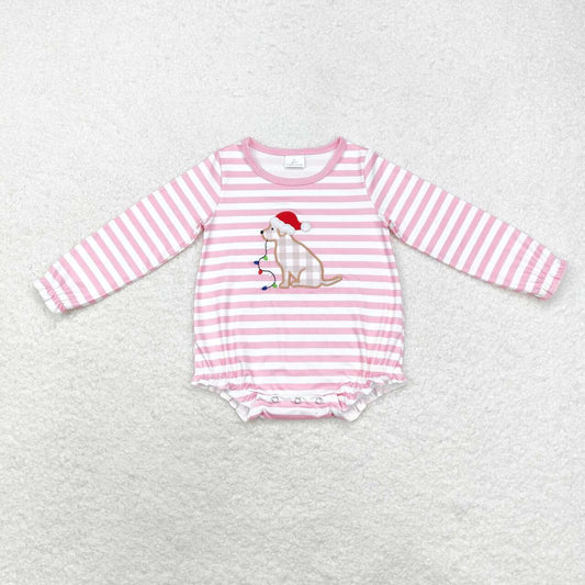 LR1306  Dog Embroidery Pink Stripes Print Baby Girls Christmas Romper