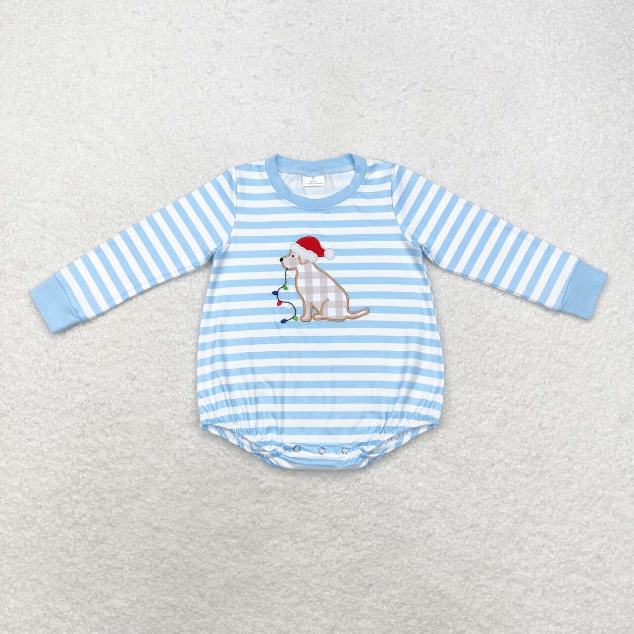 LR1307  Dog Embroidery Blue Stripes Print Baby Boys Christmas Romper