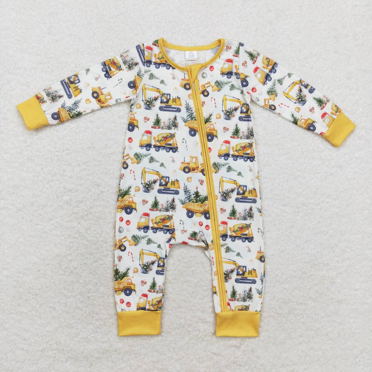 LR1332 Construction Tree Candy Cane Print Baby Boys Christmas Bamboo Zipper Sleeper Romper