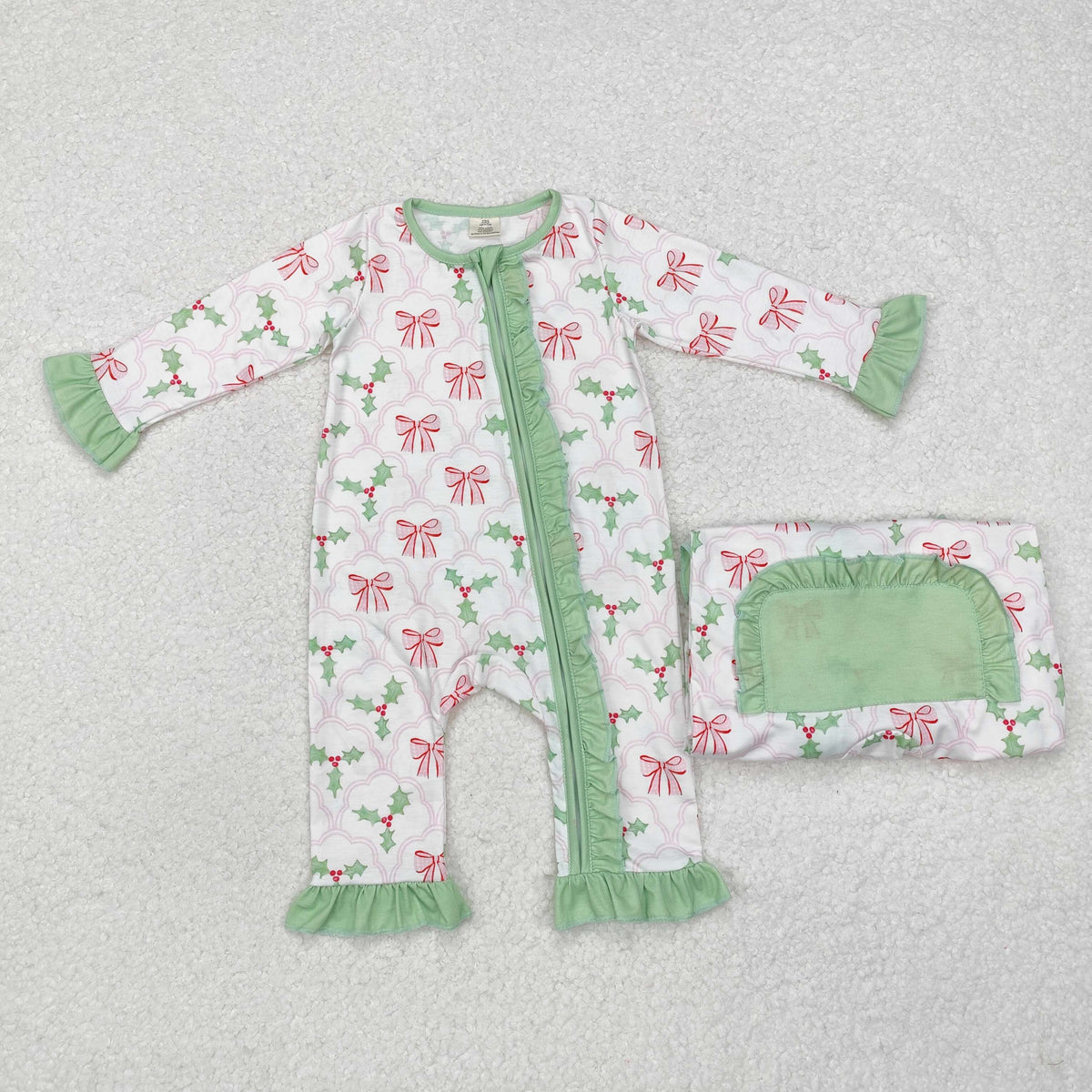 LR1344 Holly Bows Print Baby Girls Christmas Bamboo Zipper Sleeper Romper
