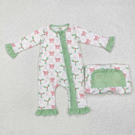 LR1344 Holly Bows Print Baby Girls Christmas Bamboo Zipper Sleeper Romper