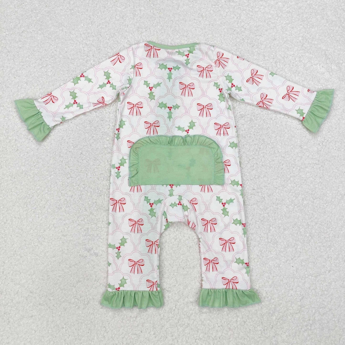 LR1344 Holly Bows Print Baby Girls Christmas Bamboo Zipper Sleeper Romper