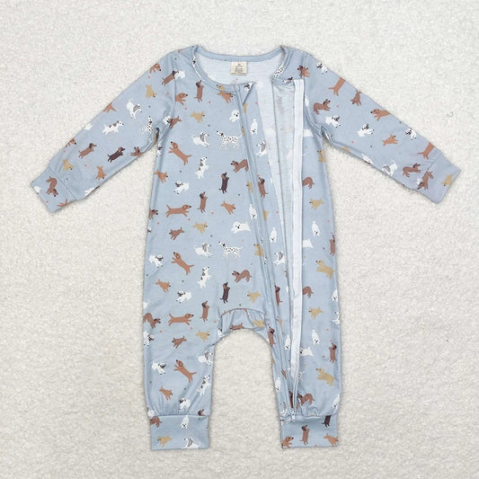 LR1351 Baby Boys Dogs Blue Long Sleeve Zipper Romper