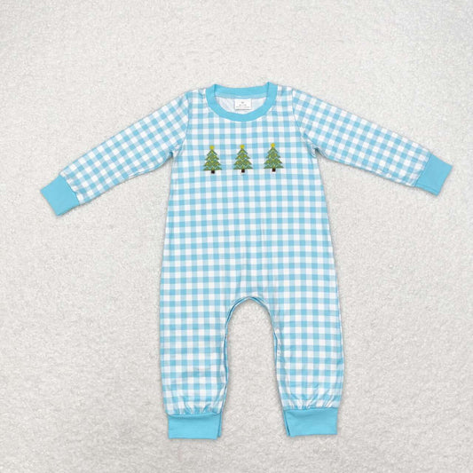 LR1366  Tree Embroidery Blue Checkered Print Baby Boys Christmas Romper