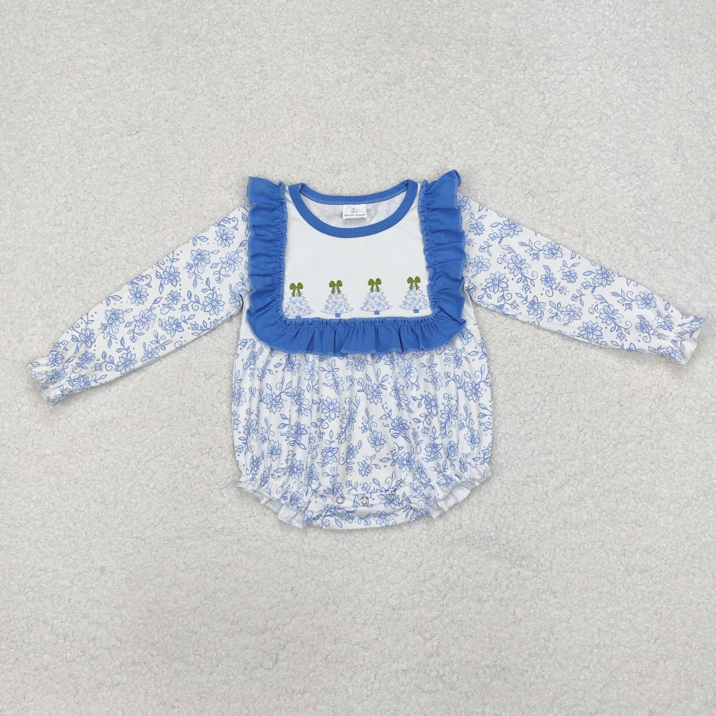 LR1374 Tree Bows Blue Flowers Print Baby Girls Christmas Romper