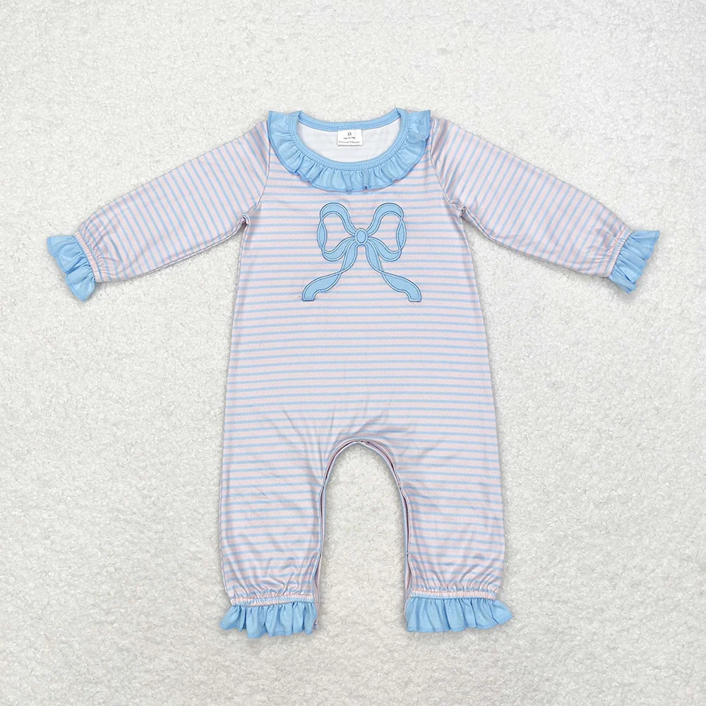 Sibling Baby Girls Pink Blue Striped Bow Outfit Dress Romper