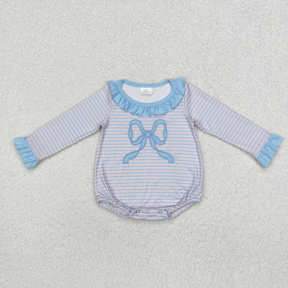 Sibling Baby Girls Pink Blue Striped Bow Outfit Dress Romper
