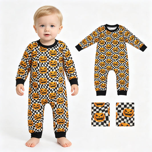 LR1389 Pumpkin Smiling Wavy Checkered Baby Boys Halloween Romper