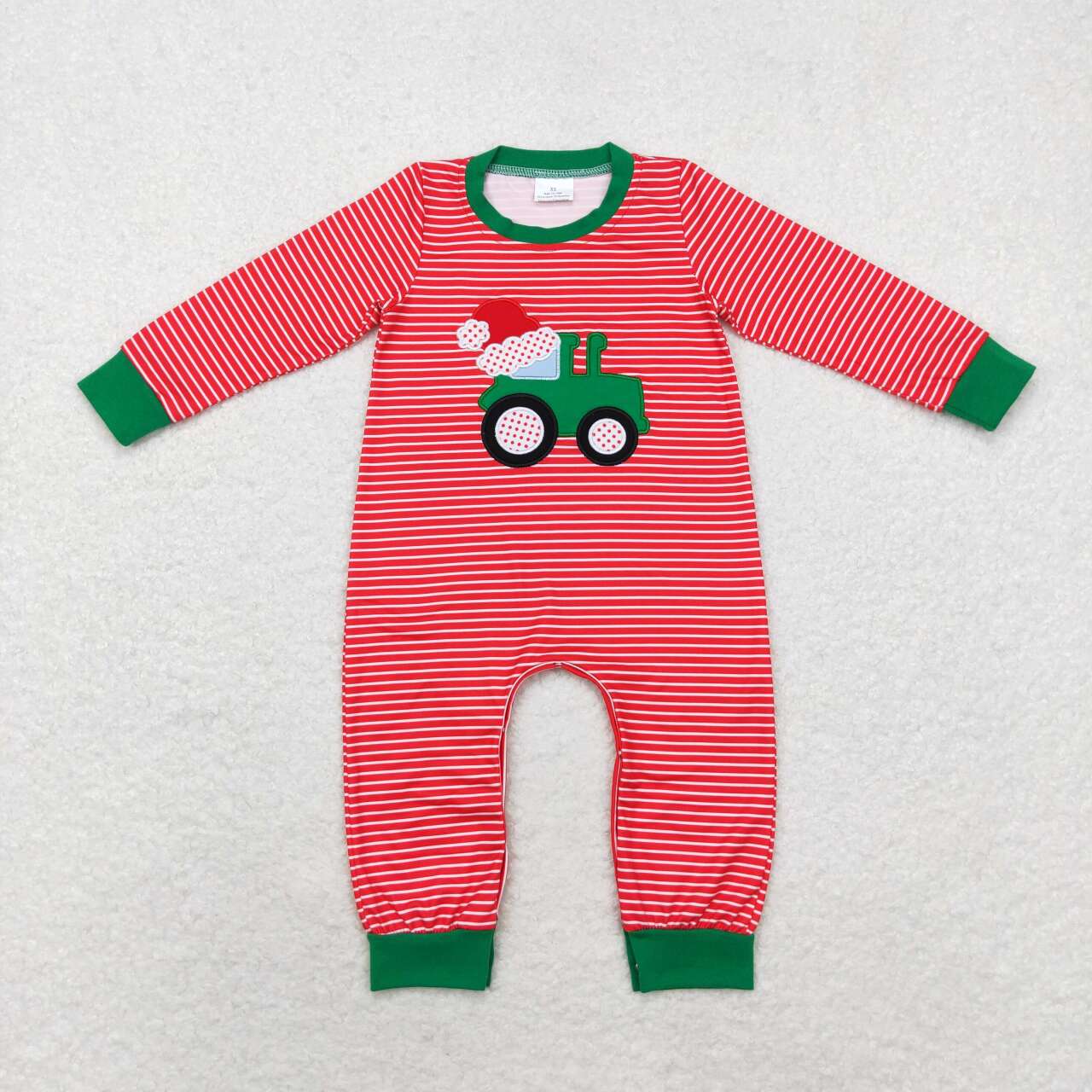 LR1401  Tractor Embroidery Red Stripes Print Baby Boys Christmas Romper