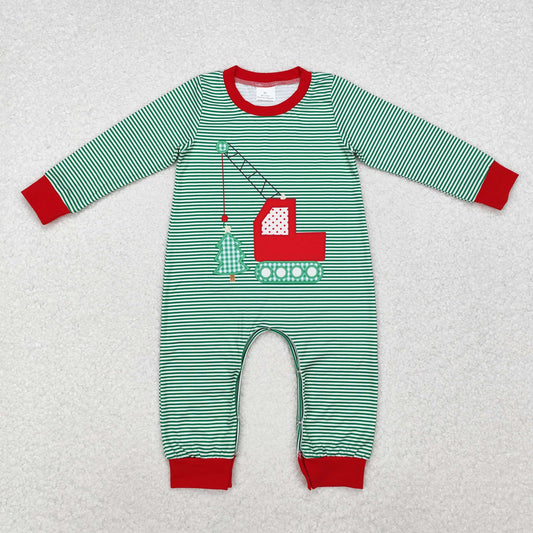 LR1402 Construction Tree Stripes Print Baby Boys Christmas Romper