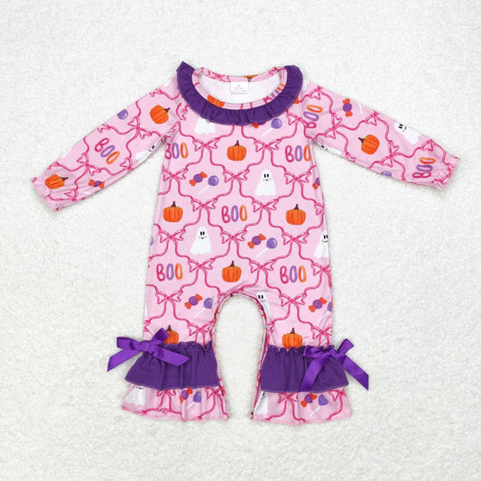 LR1411 Ghost Boo Pumpkin Bows Candy Baby Girls Halloween Ruffle Romper
