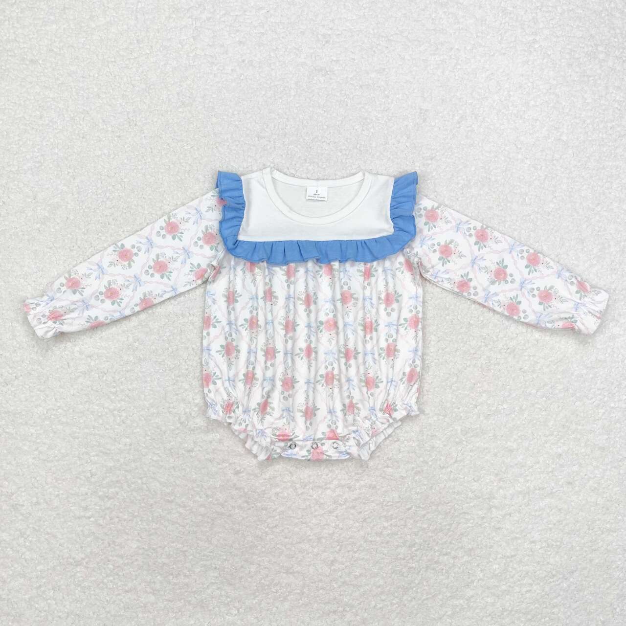 LR1412 Flowers Bows Print Baby Girls Long Sleeve Ruffle Romper