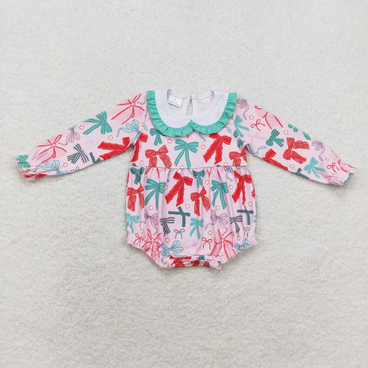 LR1413 Green Red Bows Print Baby Girls Christmas Romper