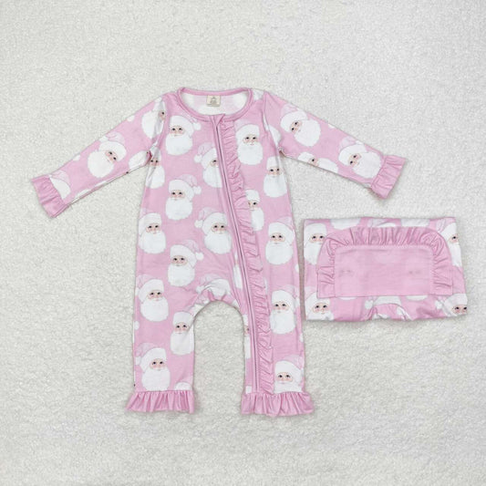 LR1414 Santa Pink Print Baby Girls Christmas Bamboo Zipper Sleeper Romper