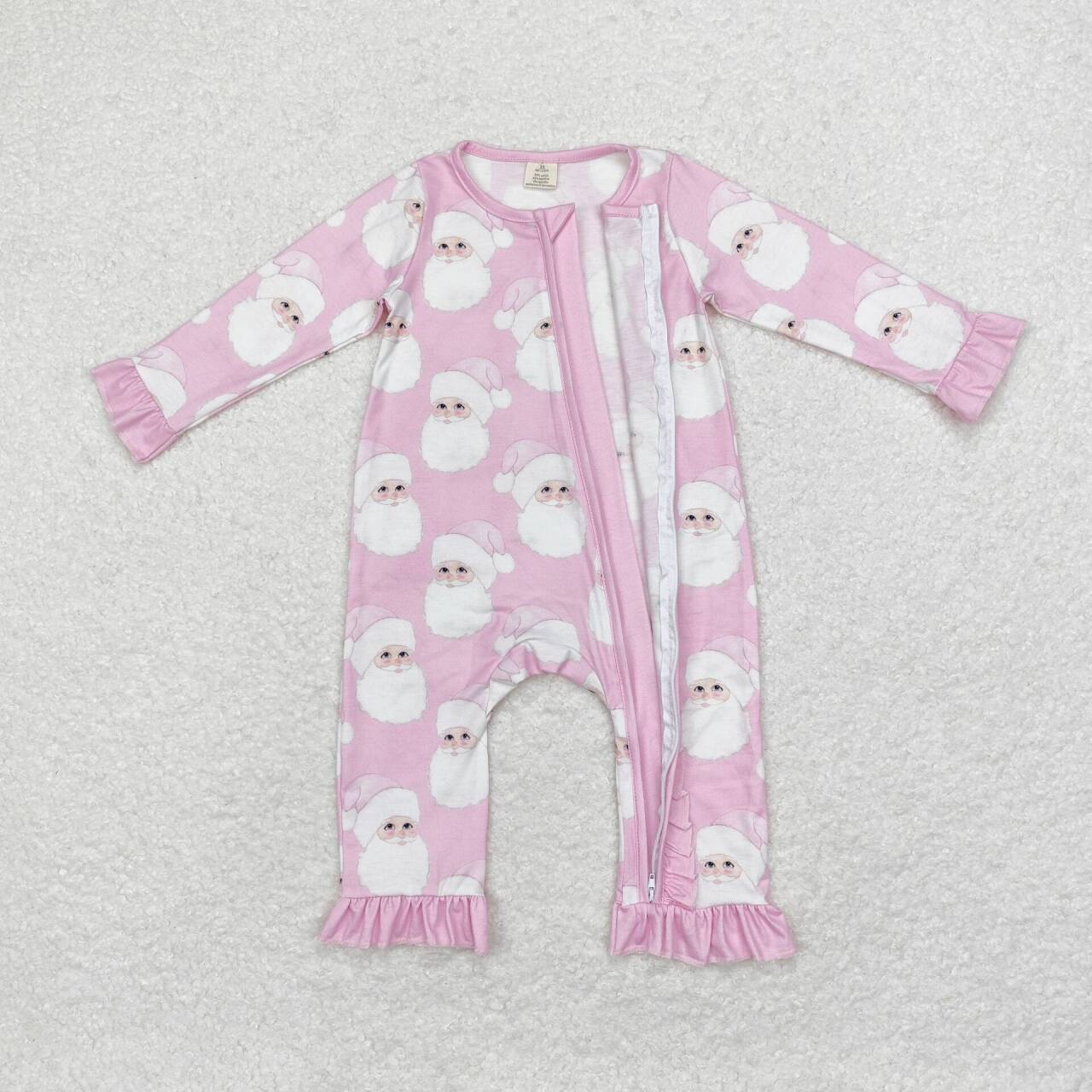 LR1414 Santa Pink Print Baby Girls Christmas Bamboo Zipper Sleeper Romper