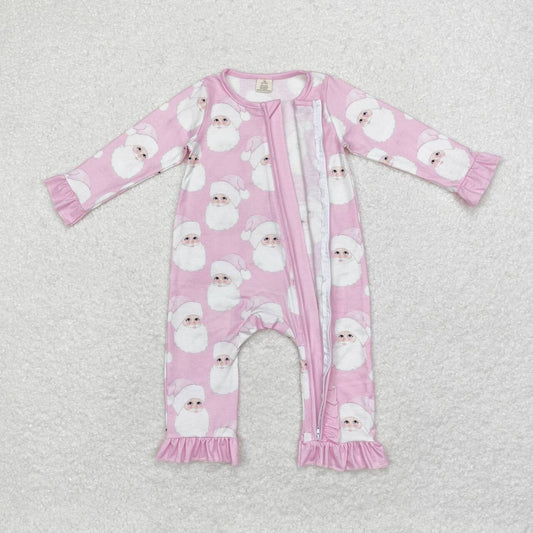 LR1414 Santa Pink Print Baby Girls Christmas Bamboo Zipper Sleeper Romper