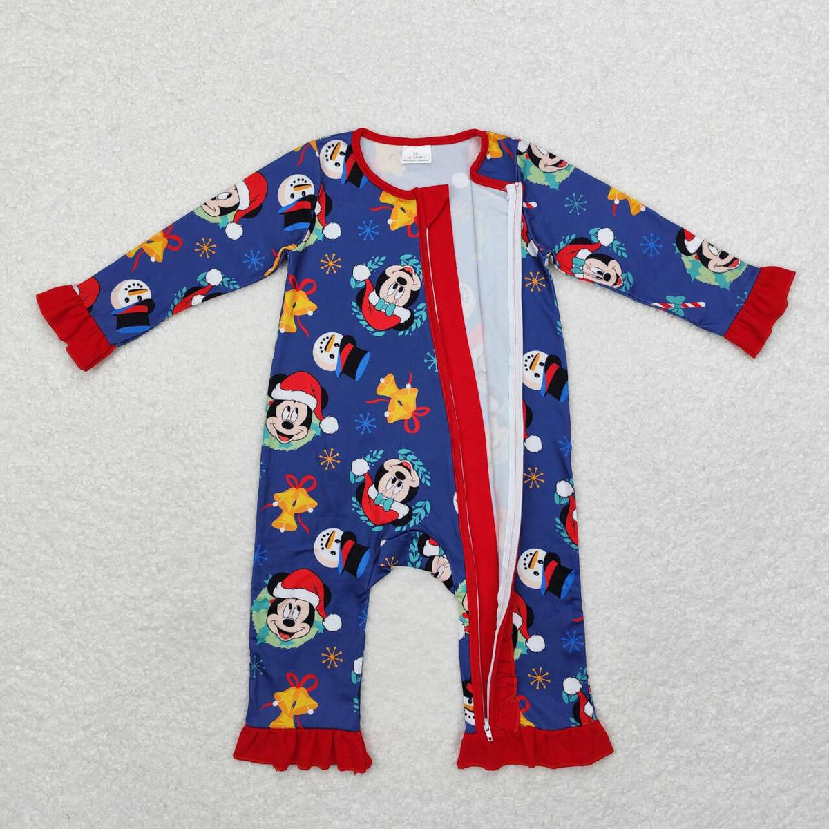 LR1416 Cartoon Mouse Candy Cane Print Baby Girls Christmas Zipper Sleeper Romper