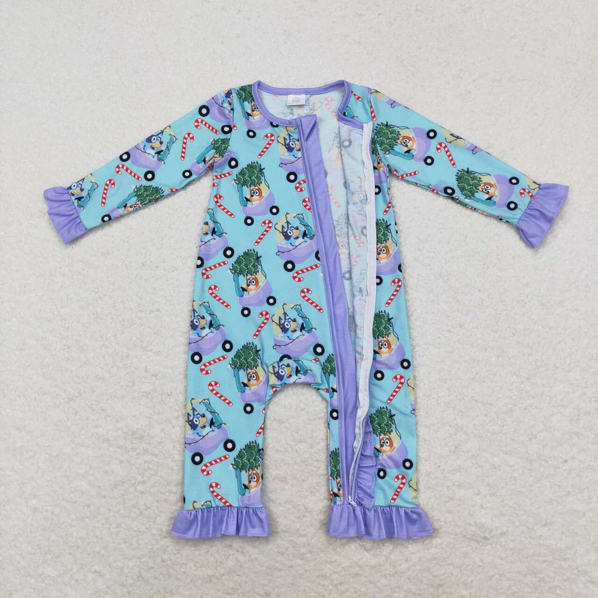 LR1419 Cartoon Dog Tree Candy Cane Print Baby Girls Christmas Bamboo Zipper Sleeper Romper