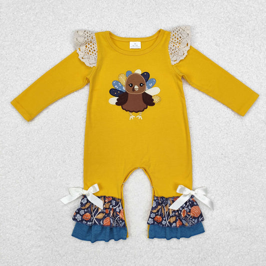 LR1423 Turkey Embroidery Baby Girls Thanksgiving Ruffle Romper