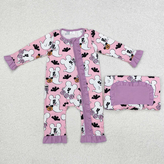 LR1424 Cartoon Mouse Bat Purple Print Baby Girls Halloween Zipper Sleeper Romper
