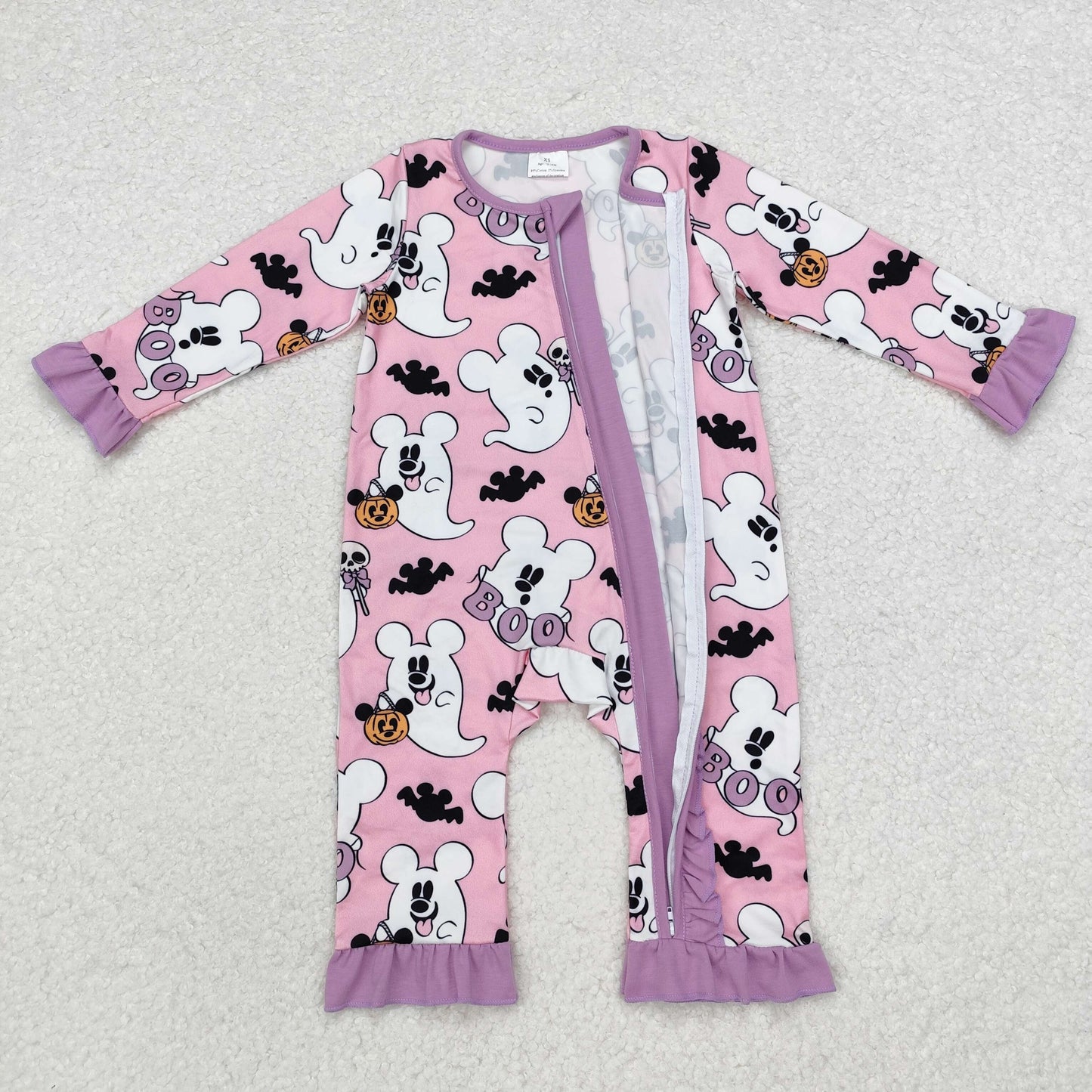 LR1424 Cartoon Mouse Bat Purple Print Baby Girls Halloween Zipper Sleeper Romper