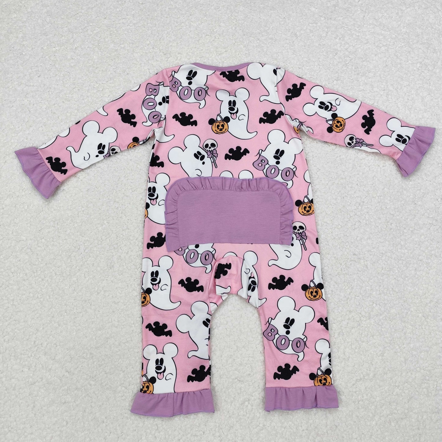 LR1424 Cartoon Mouse Bat Purple Print Baby Girls Halloween Zipper Sleeper Romper