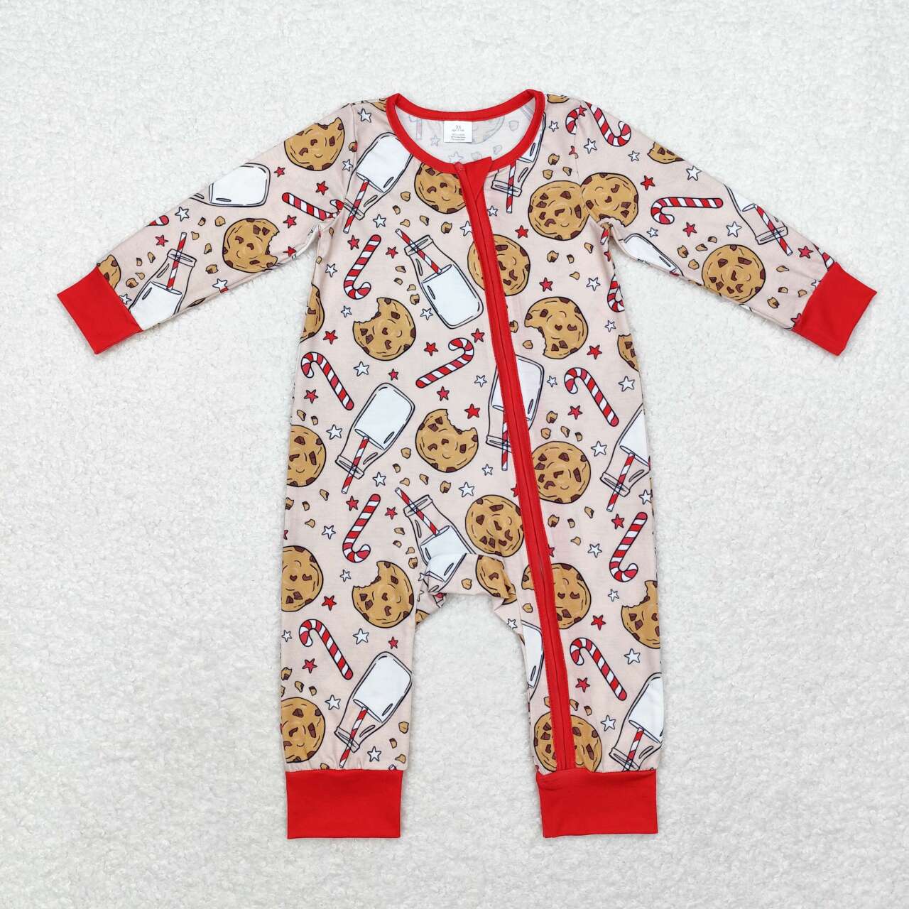 LR1426 Cookies Milk Candy Cane Print Baby Christmas Bamboo Zipper Sleeper Romper