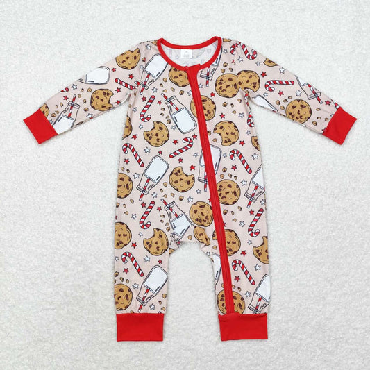 LR1426 Cookies Milk Candy Cane Print Baby Christmas Bamboo Zipper Sleeper Romper
