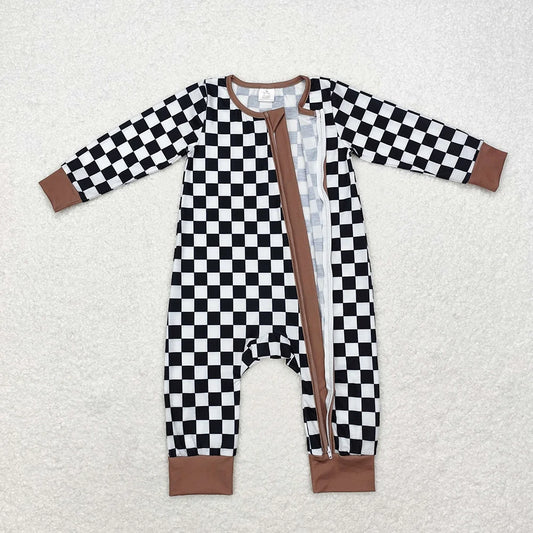 LR1436 Baby Boys Black Checked Long Sleeve Zipper Romper